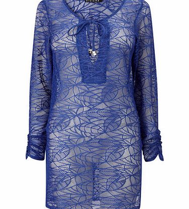 Bhs Colbalt Blue Open Knit Cover Up With Neck Tie