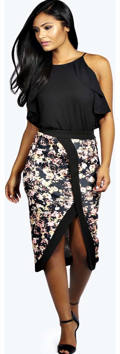 boohoo Alissa Floral Asymmetric Scuba Midi Pencil Skirt
