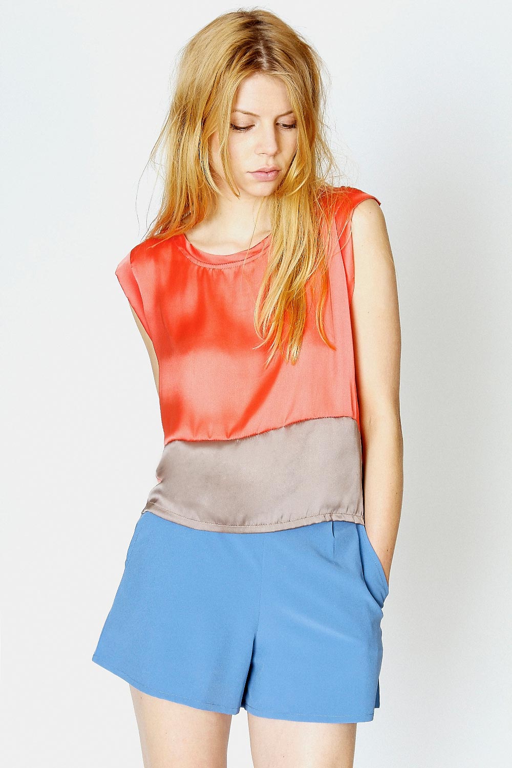 Carrie Colour Block Blouse - coral, coral azz74848
