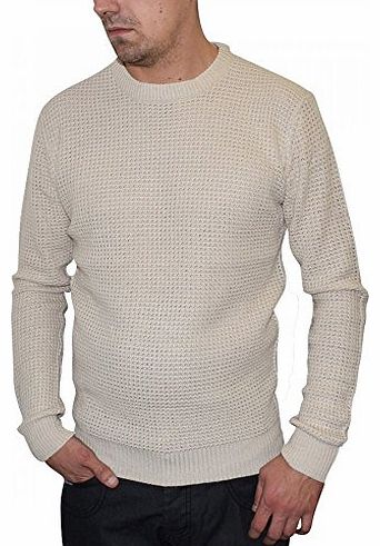 Brave Soul Mens Fisherman Jumper Crew Neck Plain Knitted Fashion Pullover Top Small Cream
