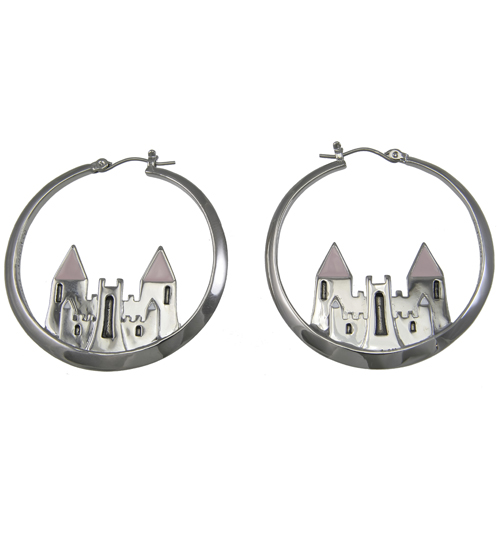 Disney Couture Rhodium Plated Magic Castle Hoop Earrings from