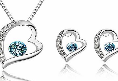 Ebuy Fashion Womens Jewellery Swarovski Element Crystal Diamond Heart Pendant Necklace and Earrings Studs Set 18K White Gold Plated (Blue)