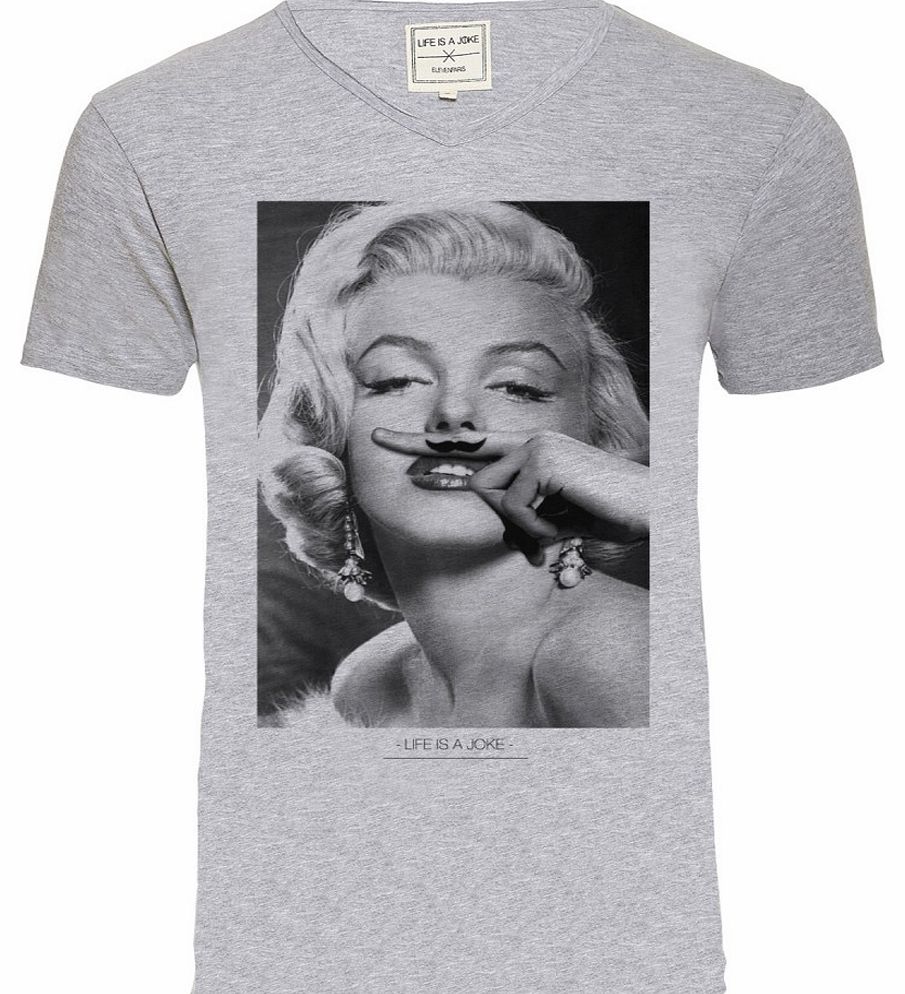 Eleven Paris Mens Grey Marl Marilyn Monroe Moustache V-Neck