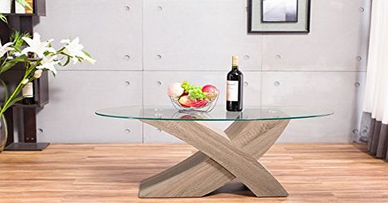 FurnitureBox NEW Designer Oval ``X`` MILANO Wood amp; Glass Coffee Table Modern Oak Effect Furniture