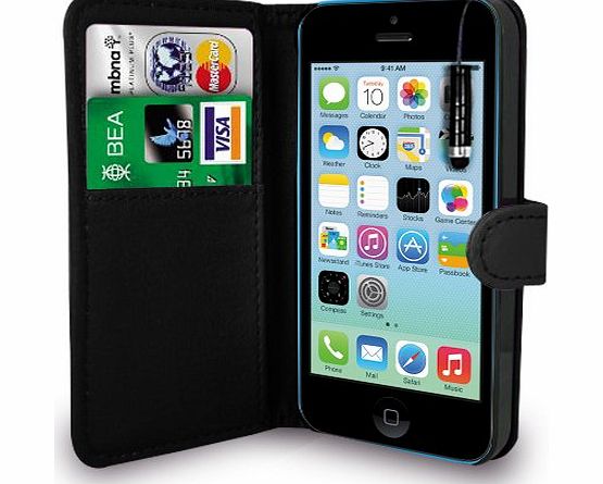 Apple iPhone 5C Black Leather Wallet Flip Case Cover Pouch + Mini Touch Stylus Pen + Screen Protector amp; Polishing Cloth