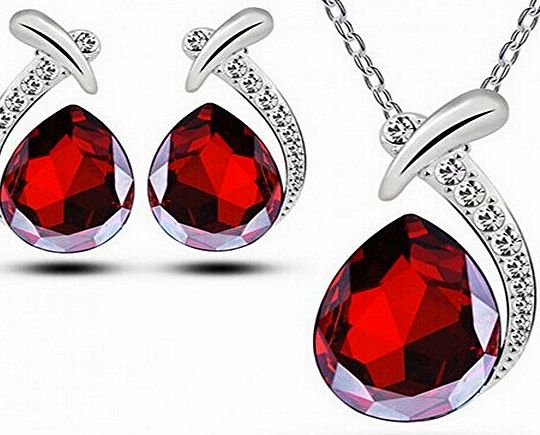 HSG Fashion Ruby Red Jewellery Sets Austria Crystal Pendant Necklace and Stud Earrings for Ladies JM02149