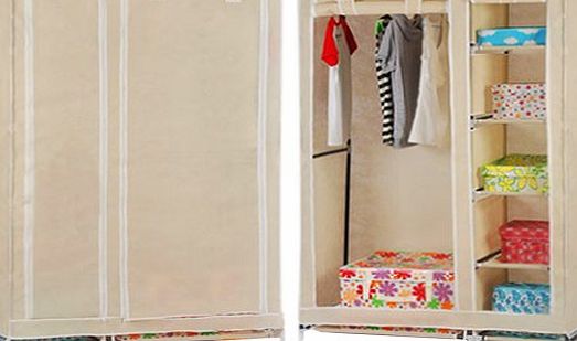 HST Mall Double Canvas Wardrobe with Clothes Hanging Rail Shelves Bedroom Storage Furniture Beige