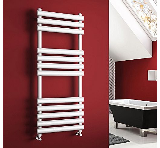 1200 x 450 Modern Heated Towel Rail White Oval Bathroom Radiator + Angled Valves