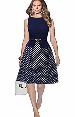 Janecrafts 2014 New Fashion Boutique Fit-and-Flare Dresses Color-Block Polka Dot Print Tank Dress Belted (XXL)
