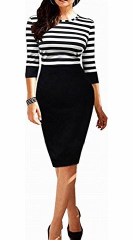 Janecrafts New Fashion Lady Casual Celebrity Slim Office Striped Pullover Contrast Dress. (L)