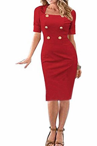 Janecrafts New Summer Chic Ladys Red Double-breasted Slim Fit Vintage Sewing Formal Party Prom OL Dress (M)