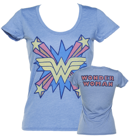 Junk Food Ladies Blue Wonder Woman Logo Scoop Neck T-Shirt