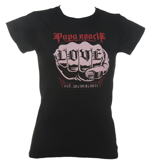 Ladies Black Skinny Papa Roach Love Tattoo T-Shirt