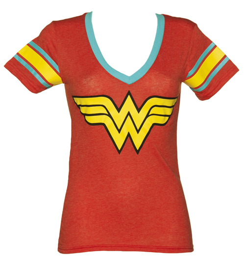 Ladies Red Wonder Woman V-Neck T-Shirt