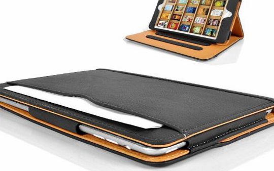 Apple iPad Mini / iPad Mini 2 Black & Tan Leather Wallet Smart Flip Case Cover with Magnetic Sleep Wake Sensor + Free Screen Protector