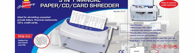 Maxim 3IN1 MANUAL A4 PAPER CD DVD CREDIT CARD SHREDDER SHRED STRIP CUT CUTTER PORTABLE