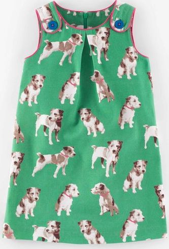 Mini Boden Button Pinafore Dress Green Photographic Dogs