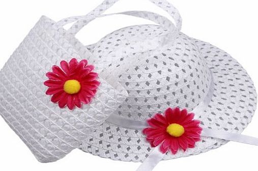 Orien Lovely Kids Girls Children White Straw Sun Beach Flower Hat Cap Handbag Set For 1-4 yearls old