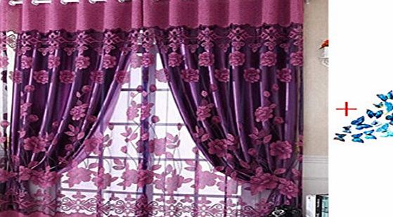 Ouneed Fashion 250cm*100cm Print Floral Voile Door Curtain Window Room Curtain Divider Scarf (Purple)