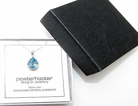 pewterhooter 925 SILVER CHANNEL PENDANT AND CHAIN MADE WITH TEARDROP AQUAMARINE SWAROVSKI CRYSTAL. GIFT BOX.