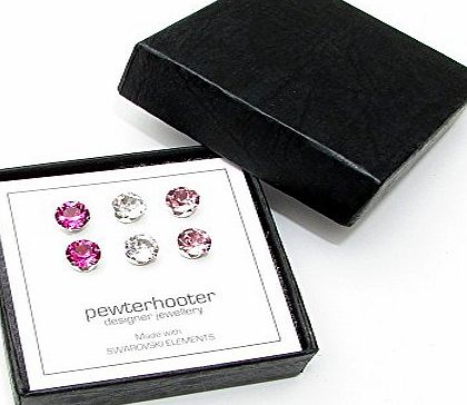 pewterhooter SET OF 3 PAIRS OF SILVER STUD EARRINGS MADE WITH LIGHT ROSE, CRYSTAL AND FUCHSIA SWAROVSKI CRYSTAL.