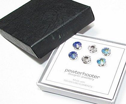 pewterhooter SET OF 3 PAIRS OF SILVER STUD EARRINGS MADE WITH SPARKLING CRYSTAL, AURORE BOREALE AND SAPPHIRE AURORE BOREALE SWAROVSKI CRYSTAL.