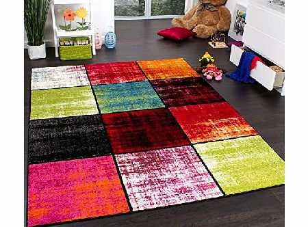 PHC Kids Rug - Squared Design - Multicoloured - Mottled Red Pink Green Blue, Size:80x150 cm