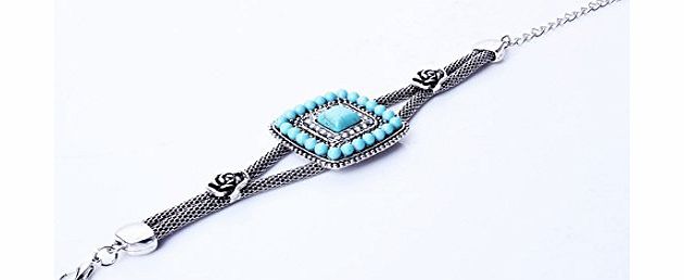 Qiyun Shape Like Wrist Watch Antique Silver Turquoise Diamond Womens Girls Bracelet