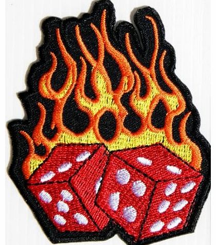 Dice Fire Game Casino Gambling Rockabilly 2.5`` wide x 3.5`` tall Jacket Iron on Patch Embroidered Badge