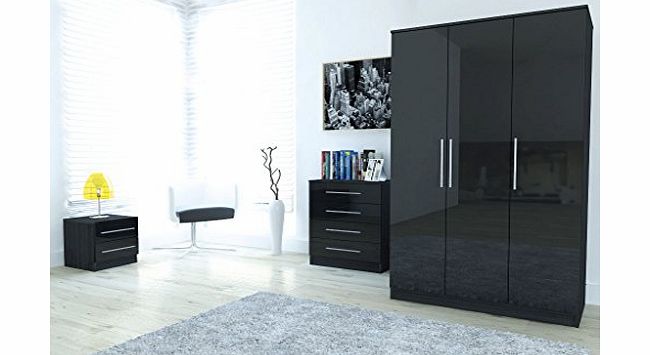 Right Deals UK Toronto Black Gloss Bedroom 3 Piece Furniture Package 3 Door Wardrobe Drawers