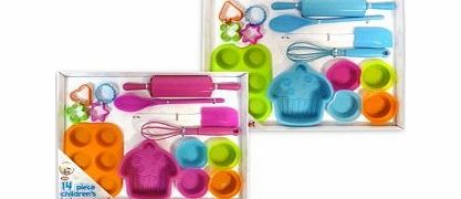 14 Piece Childrens Silicone Bakeware Baking Set - Cupcake Cake Cutters Cookie Moulds
