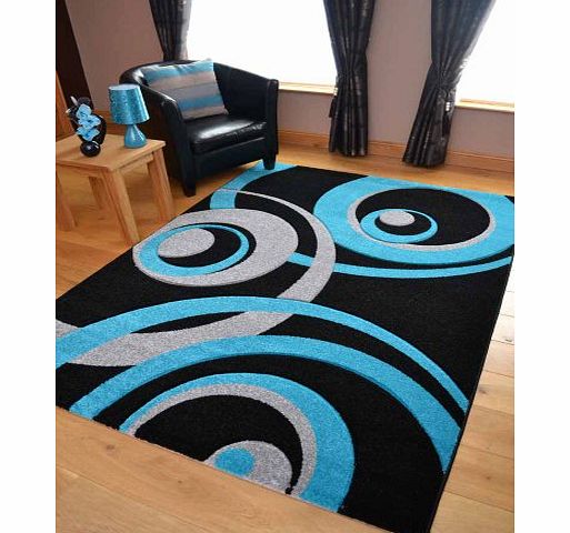 Rugs Supermarket Vibe Modern Black Teal And Silver Circle Design Quality Hand Carved Rugs. Available in 4 Sizes (160cm x 220cm)