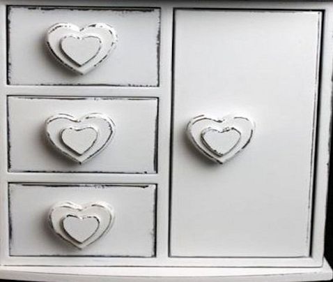 SIL White Shabby Chic Heart Jewellery Box Distressed Finish Cabinet Trinket Drawers