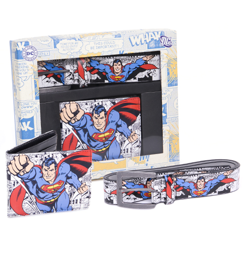 SUPERMAN Comic Strip Printed PU Belt and Wallet
