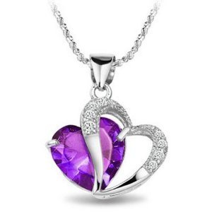 TEJ Rhodium Plated Diamond Accent Amethyst Heart Shape Pendant Necklace Including Singapore Chain 18 inch