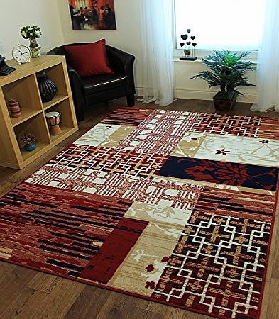 The Rug House Milan Stylish Modern Red amp; Blue Patchwork Rug 1784-X22 - 5 Sizes