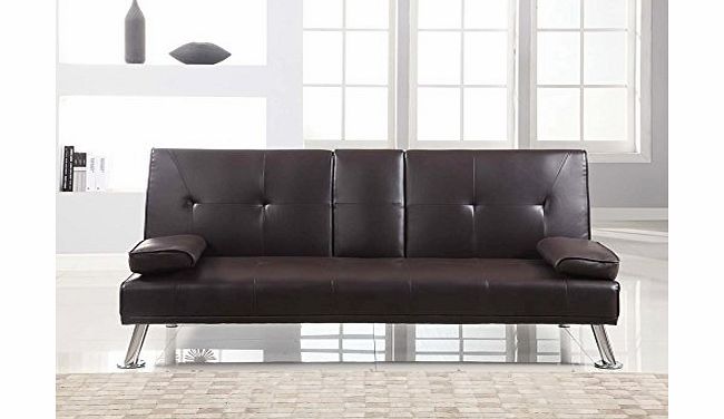 tinxs  NEW DESIGNER FAUX PREMIER LEATHER SOFA BED in BROWN w DROP DOWN DRINKS TABLE AND 2 CUP HOLDERS