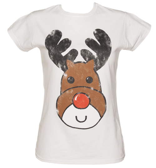 TruffleShuffle Ladies White Reindeer Christmas T-Shirt