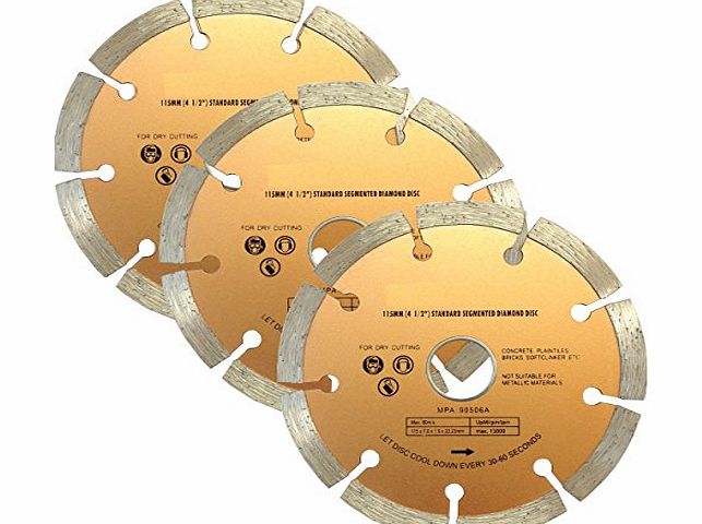 TZ (PACK OF 3) 115mm Segmented Diamond Cutting Discs for angle grinder - stone concrete brick cutting