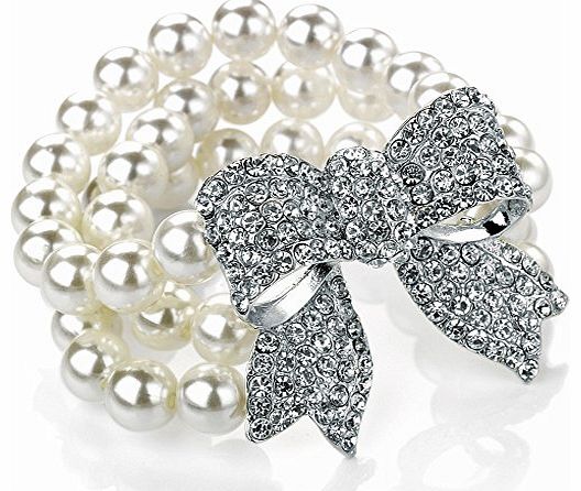 Unique Gifts On The Web Unique three row faux pearl diamante crystal stone encrusted silver plated bow womens classic bridal wear and evening wear easy fit elasticated bracelet costume jewellery.