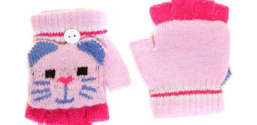 Universal Textiles Childrens Girls Animals (Cat) Winter Fingerless Capped Mittens (One Size) (Light Pink)