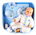 A cuddly baby doll with accessories:  - 50cm doll in a blue andamp; white baby grow with a bottle