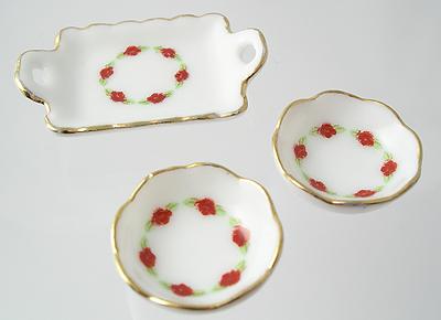 1:12 Scale Pink Floral Porcelain Salver and Two Serving Dishes
