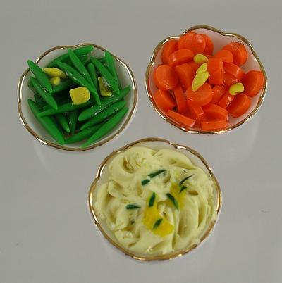 Set of Three 1:12 Scale Doll House Miniature Individually handcrafted bowls of cooked