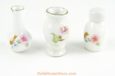 1:12 Scale Set of 3 Pink and White Floral Vases. Pattern may vary very slightly