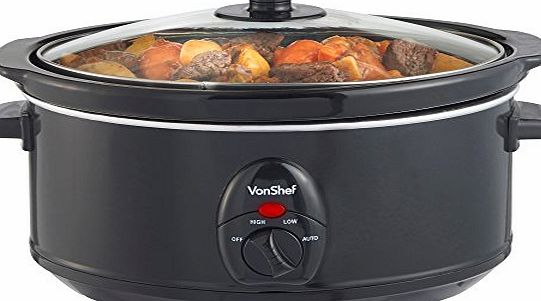 VonShef Automatic Black Electric 3.5 Litre Oval Slow Cooker - Removable Oval Oven to Table Dish with Toughened Glass Lid