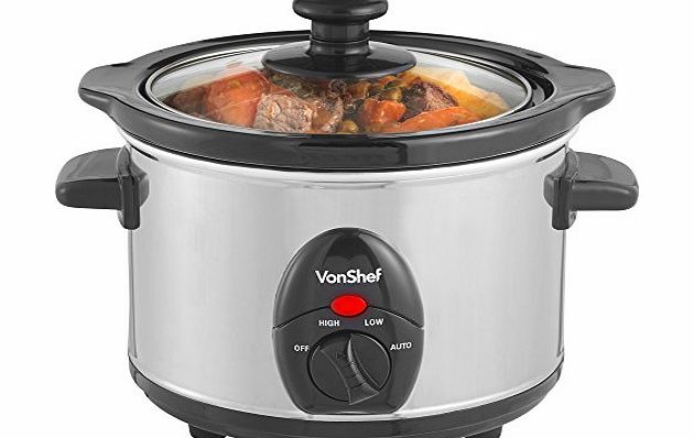VonShef Automatic Electric Slow Cooker 1.5L Litres Stainless Steel Pot - Removable Round Oven to Table Dish with Toughened Glass Lid