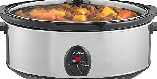 VonShef Automatic Electric Slow Cooker 6.5L Litres Stainless Steel - Removable Oval Oven to Table Dish with Toughened Glass Lid
