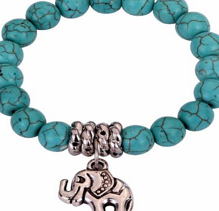 Yazilind Jewellery Chap Turquoise Beads Tibetan Silver Cute Elephant Stretch Bangle Bracelet
