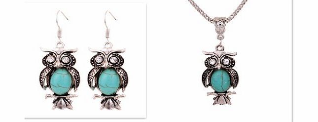 YAZILIND  Jewellery Tibetan Silver Oval Turquoise Crystal Owl Necklace Earrings Set
